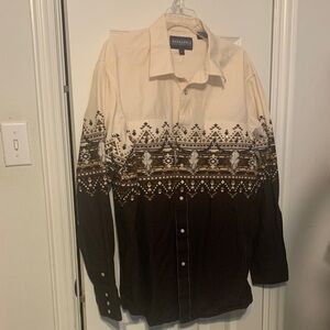 Panhandle Men's pearl snap Button Down Shirt - Cream and Brown skull print